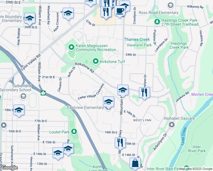 map of restaurants, bars, coffee shops, grocery stores, and more near 2045 Kirkstone Road in North Vancouver