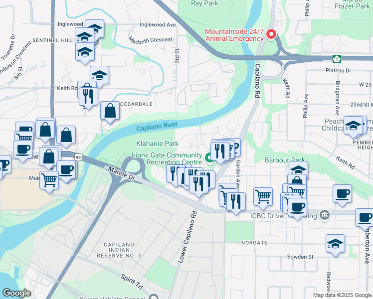 map of restaurants, bars, coffee shops, grocery stores, and more near 2060 Curling Road in North Vancouver