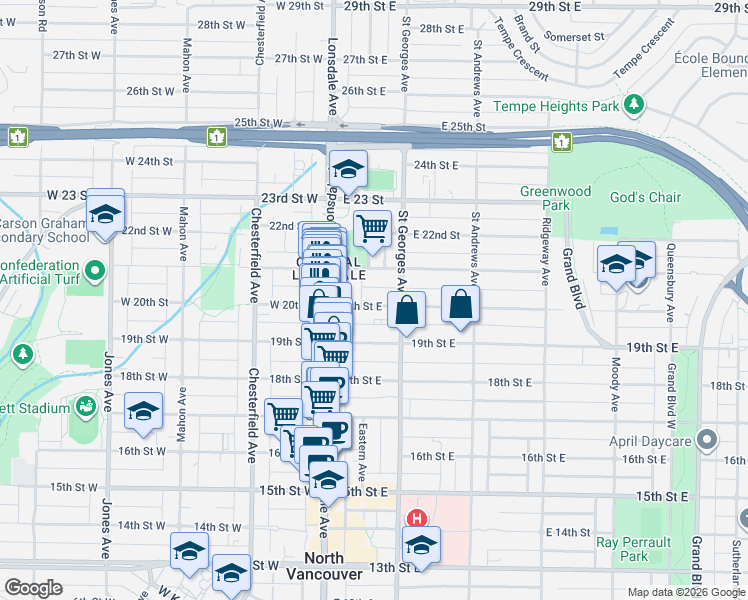 map of restaurants, bars, coffee shops, grocery stores, and more near 140 20th Street East in North Vancouver