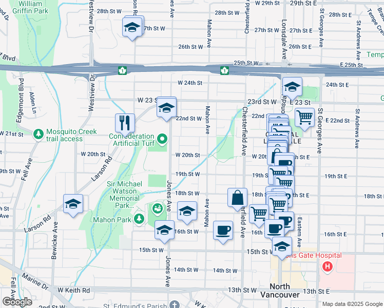 map of restaurants, bars, coffee shops, grocery stores, and more near 324 West 20 Street in North Vancouver