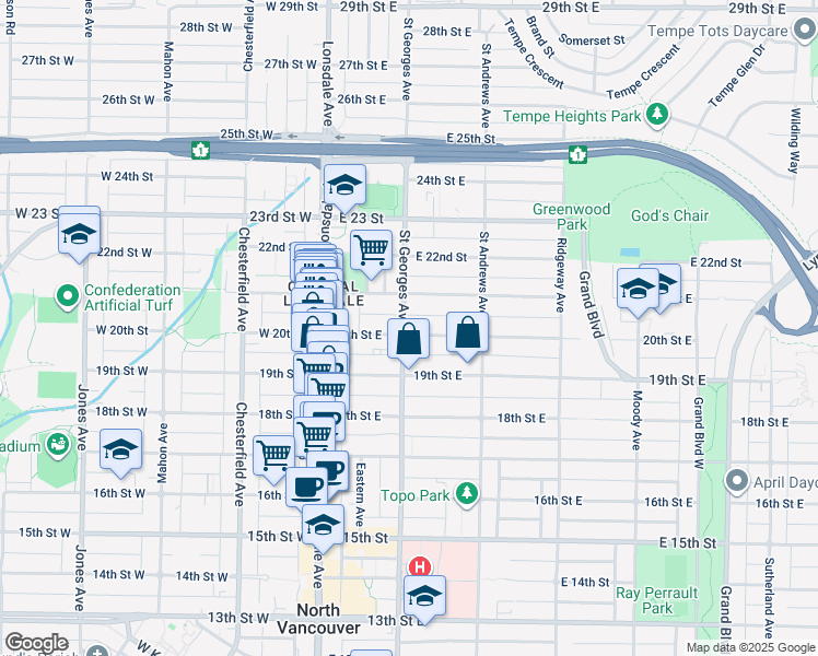 map of restaurants, bars, coffee shops, grocery stores, and more near 202 20th Street East in North Vancouver