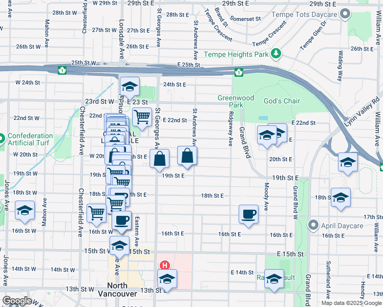 map of restaurants, bars, coffee shops, grocery stores, and more near 2025 Saint Andrews Avenue in North Vancouver