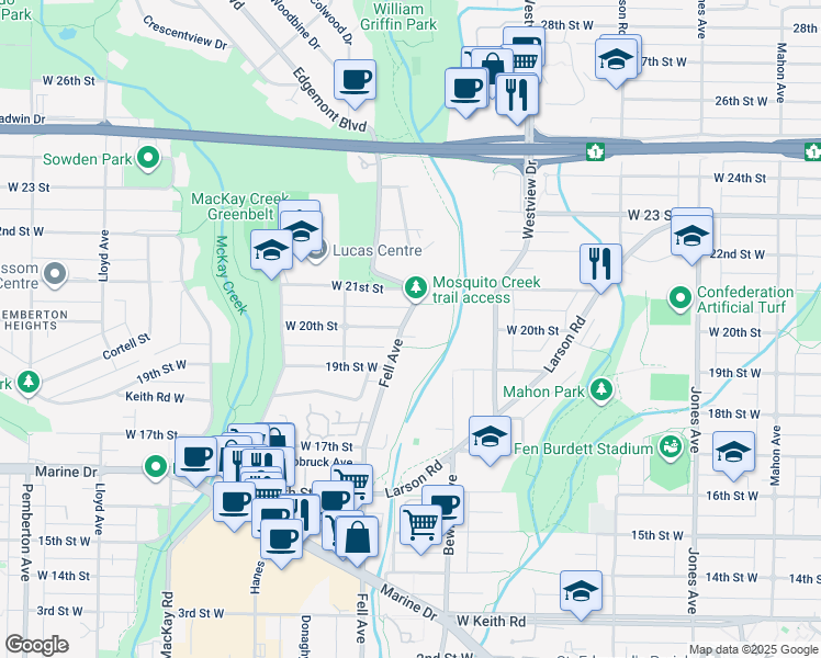map of restaurants, bars, coffee shops, grocery stores, and more near 1964 Fell Avenue in North Vancouver