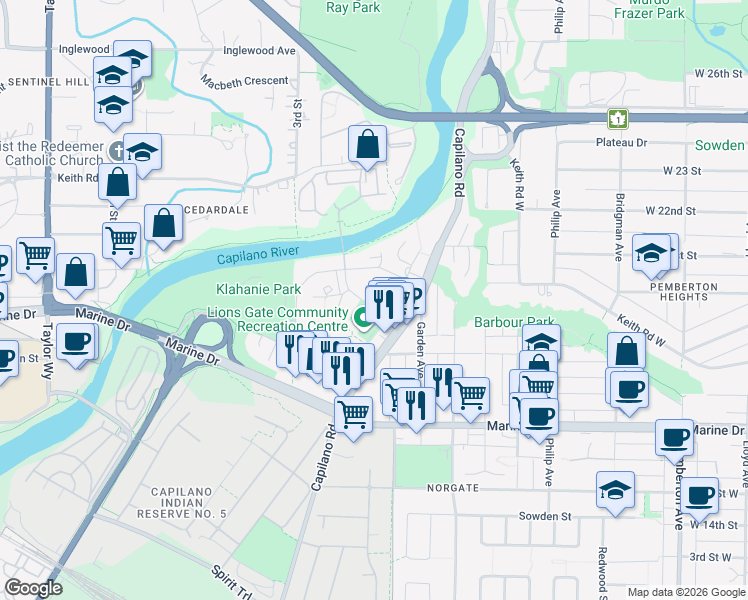 map of restaurants, bars, coffee shops, grocery stores, and more near 1886 Fullerton Avenue in North Vancouver