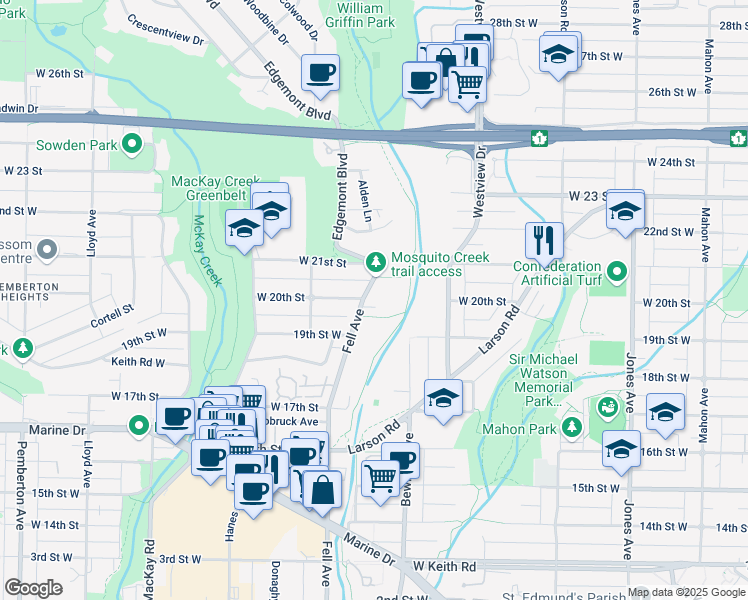 map of restaurants, bars, coffee shops, grocery stores, and more near 1964 Fell Avenue in North Vancouver