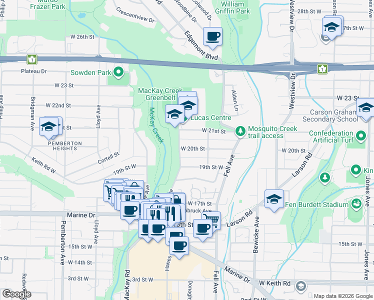 map of restaurants, bars, coffee shops, grocery stores, and more near 839 West 20th Street in North Vancouver