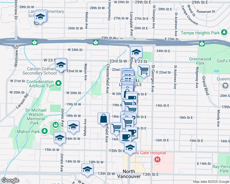 map of restaurants, bars, coffee shops, grocery stores, and more near 144 20th Street West in North Vancouver