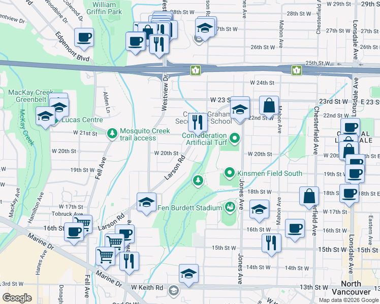 map of restaurants, bars, coffee shops, grocery stores, and more near 2014 Carson Court in North Vancouver