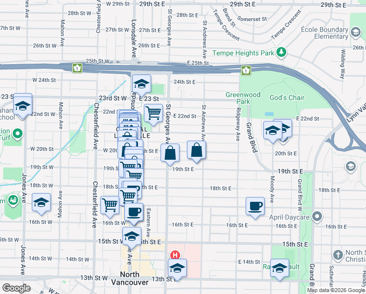 map of restaurants, bars, coffee shops, grocery stores, and more near 228 20th Street East in North Vancouver