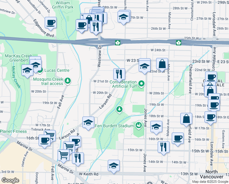 map of restaurants, bars, coffee shops, grocery stores, and more near 2004 Larson Road in North Vancouver