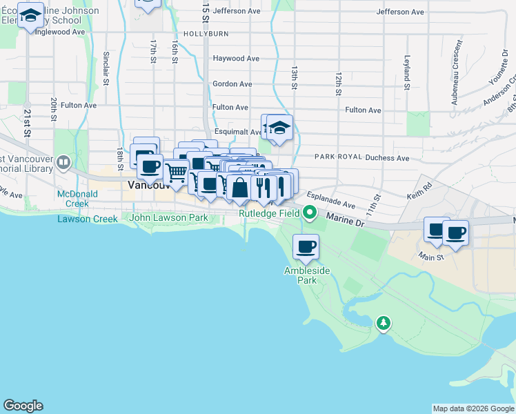 map of restaurants, bars, coffee shops, grocery stores, and more near 1355 Bellevue Avenue in West Vancouver