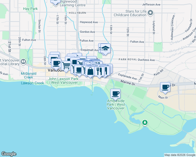 map of restaurants, bars, coffee shops, grocery stores, and more near 1355 Bellevue Avenue in West Vancouver