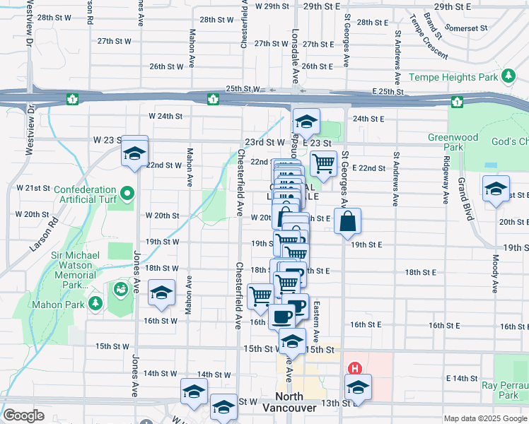 map of restaurants, bars, coffee shops, grocery stores, and more near 134 West 20th Street in North Vancouver