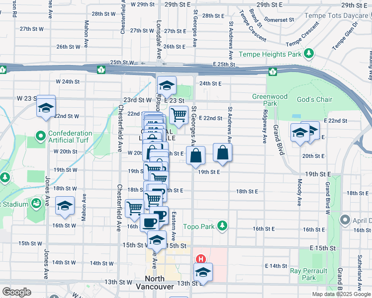 map of restaurants, bars, coffee shops, grocery stores, and more near 202 20th Street East in North Vancouver