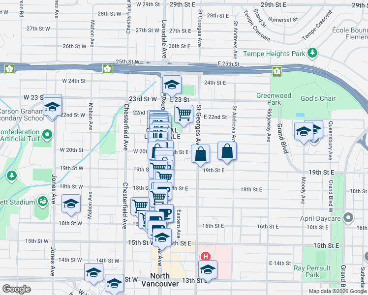 map of restaurants, bars, coffee shops, grocery stores, and more near 140 20th Street East in North Vancouver