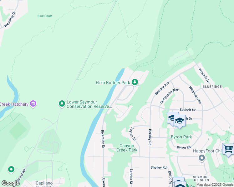 map of restaurants, bars, coffee shops, grocery stores, and more near 2185 Riverside Drive in North Vancouver