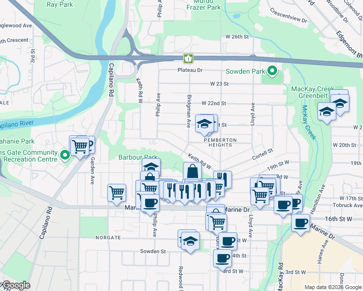 map of restaurants, bars, coffee shops, grocery stores, and more near 1310 Keith Road in North Vancouver
