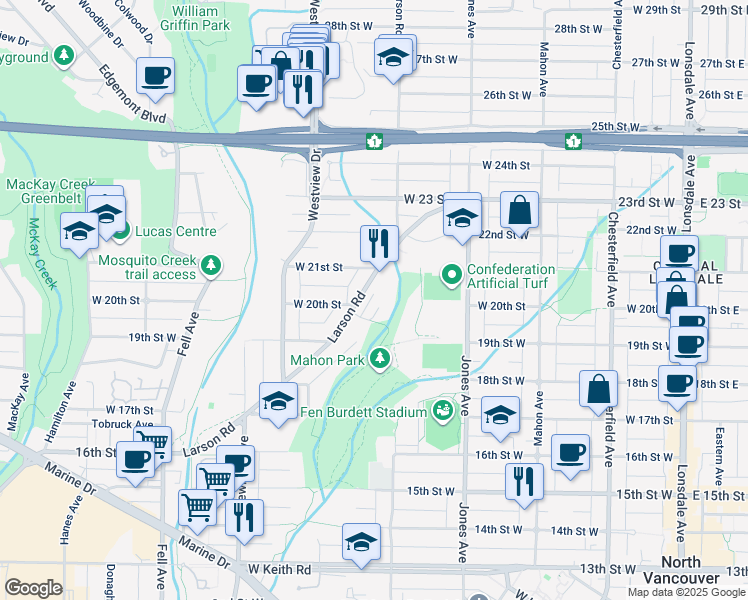 map of restaurants, bars, coffee shops, grocery stores, and more near 2020 Carson Court in North Vancouver
