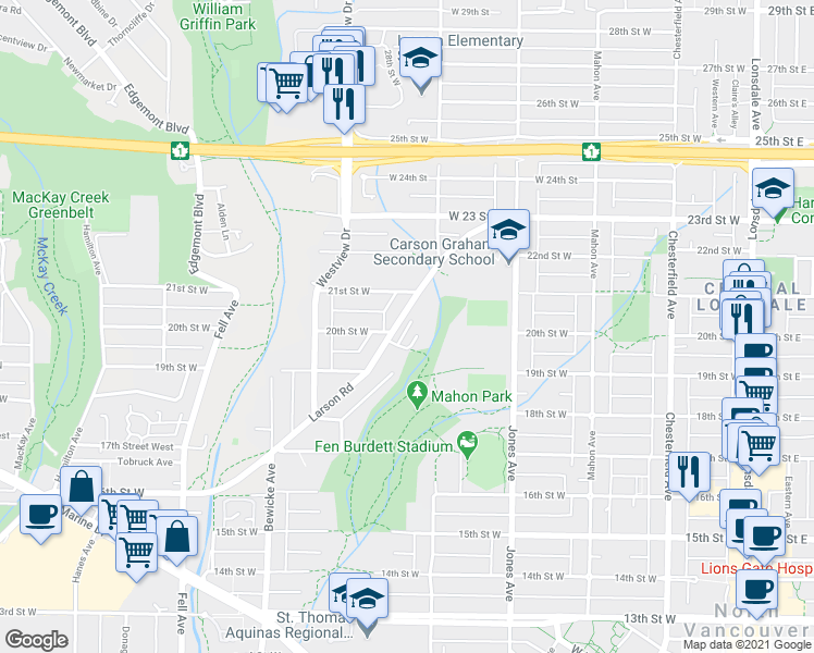 map of restaurants, bars, coffee shops, grocery stores, and more near 2008 Larson Road in North Vancouver