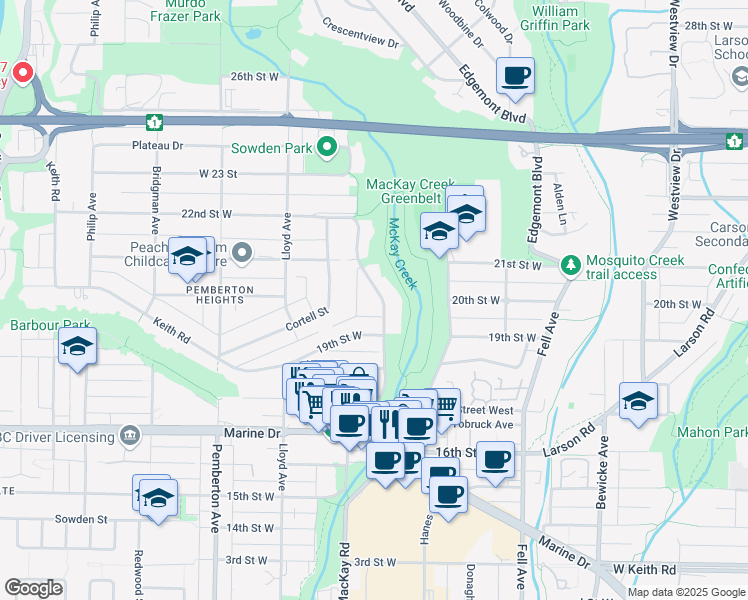 map of restaurants, bars, coffee shops, grocery stores, and more near 1979 Mackay Avenue in North Vancouver