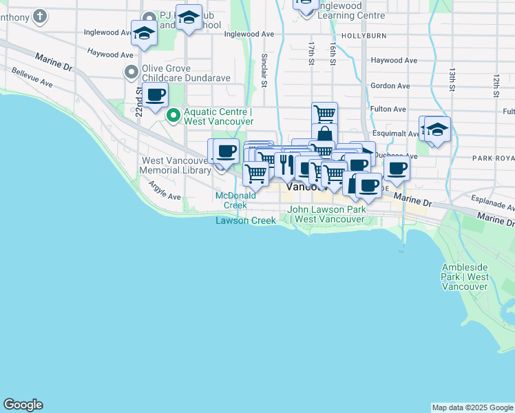 map of restaurants, bars, coffee shops, grocery stores, and more near 1872 Bellevue Avenue in West Vancouver