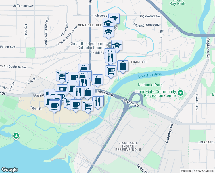 map of restaurants, bars, coffee shops, grocery stores, and more near 568 Waters Edge Crescent in West Vancouver