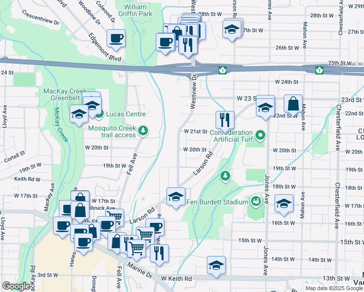 map of restaurants, bars, coffee shops, grocery stores, and more near 2008 Westview Drive in North Vancouver