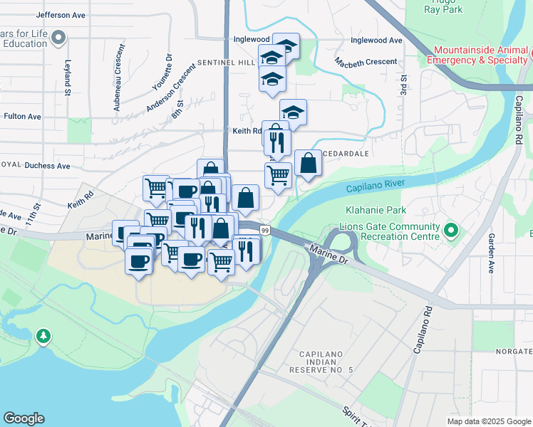 map of restaurants, bars, coffee shops, grocery stores, and more near 508 Waters Edge Crescent in West Vancouver
