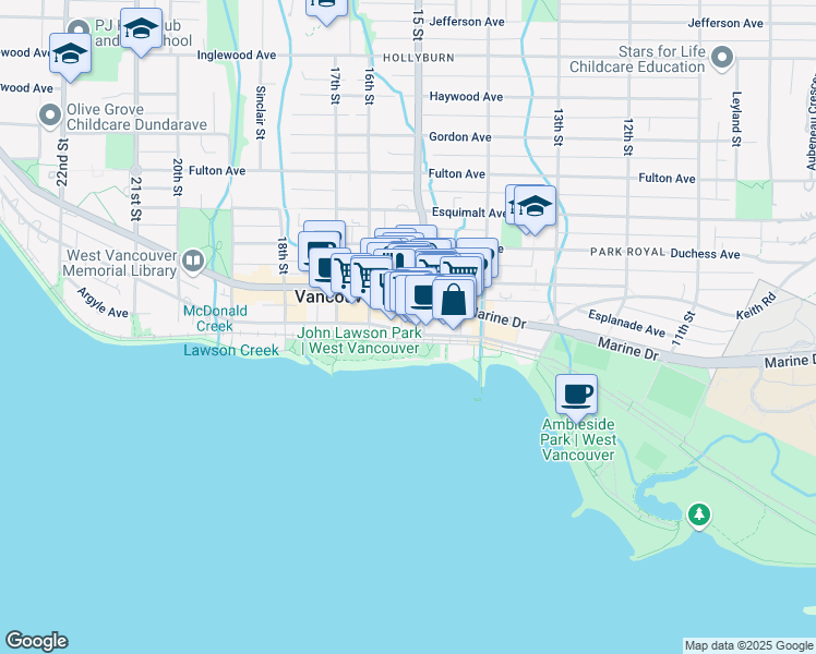 map of restaurants, bars, coffee shops, grocery stores, and more near 1546 Ambleside Lane in West Vancouver