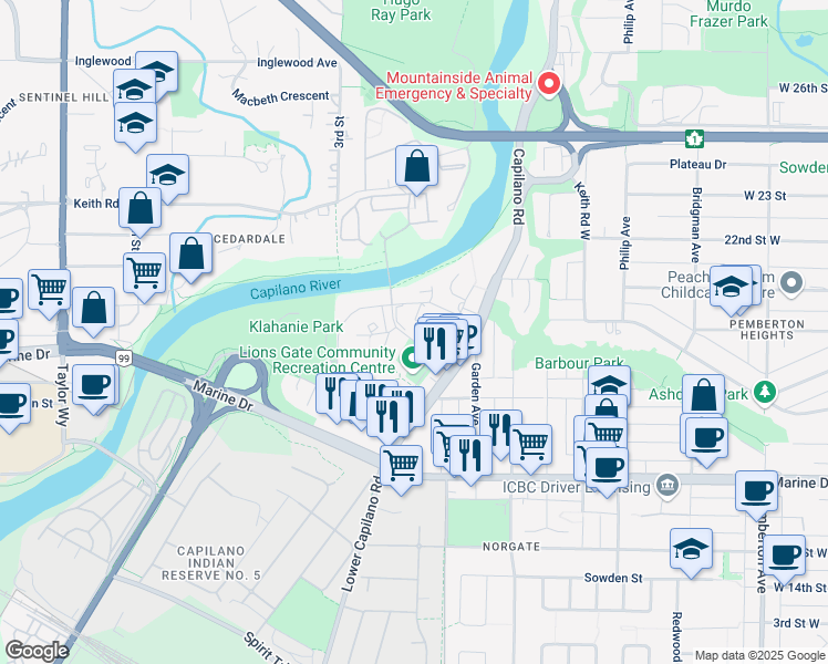 map of restaurants, bars, coffee shops, grocery stores, and more near 1908 Fullerton Avenue in North Vancouver
