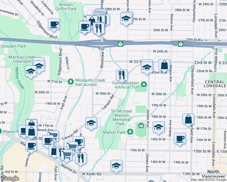 map of restaurants, bars, coffee shops, grocery stores, and more near 2005 Larson Road in North Vancouver