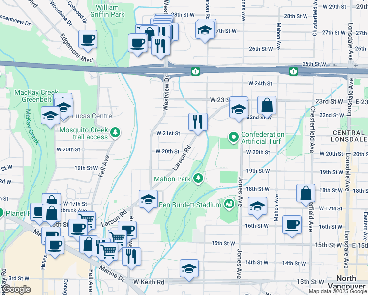 map of restaurants, bars, coffee shops, grocery stores, and more near 2005 Larson Road in North Vancouver
