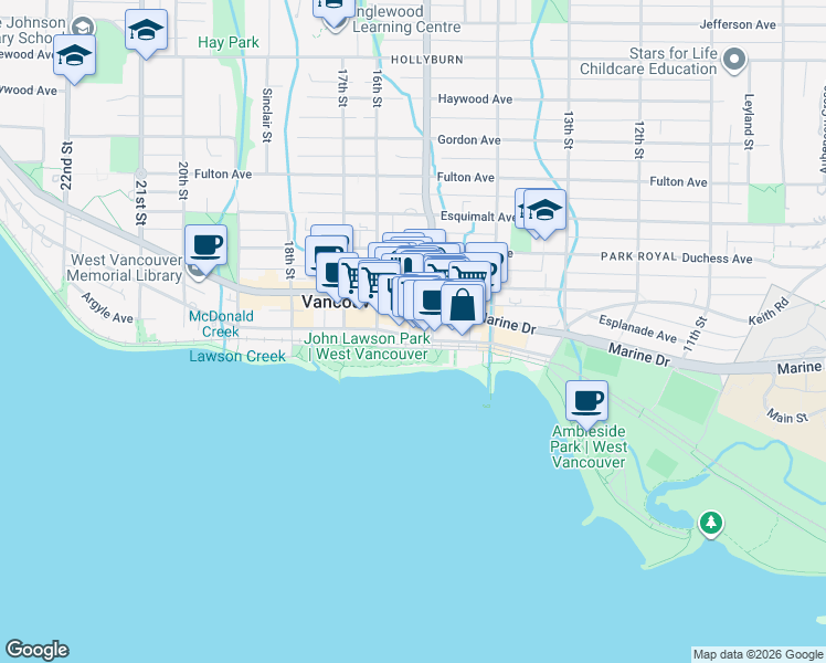 map of restaurants, bars, coffee shops, grocery stores, and more near 1525 Bellevue Avenue in West Vancouver