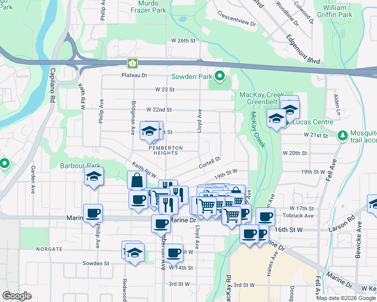 map of restaurants, bars, coffee shops, grocery stores, and more near 1140 West 20 Street in North Vancouver