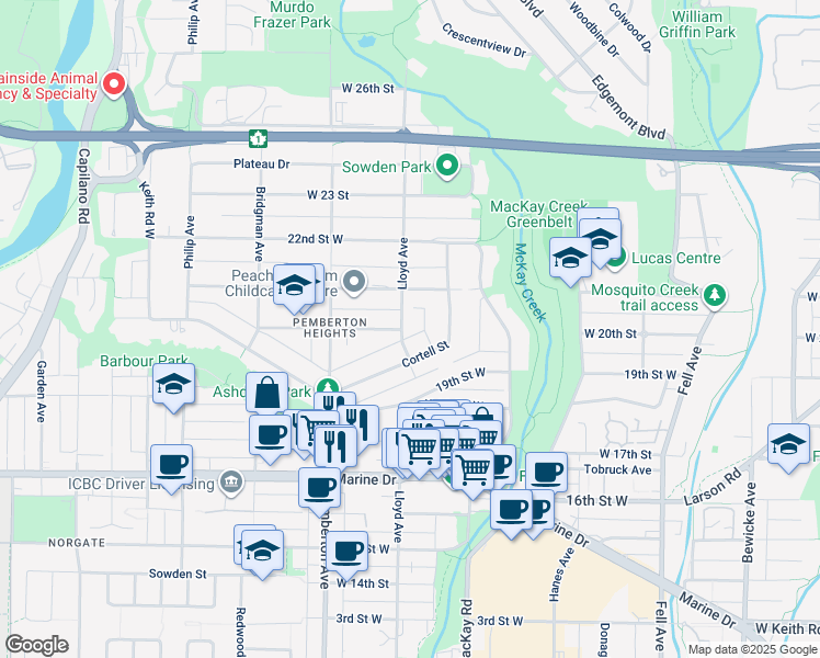 map of restaurants, bars, coffee shops, grocery stores, and more near 2000 Lloyd Avenue in North Vancouver