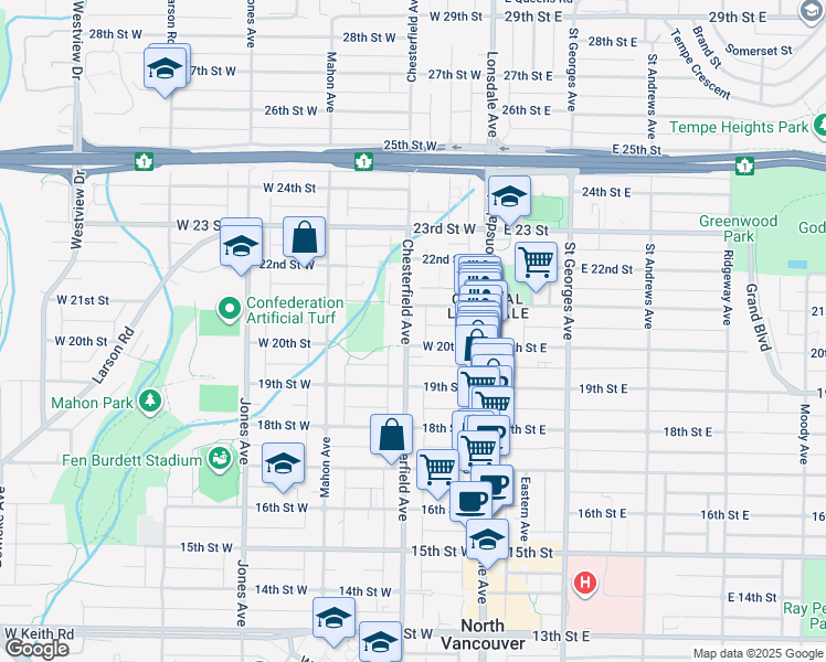 map of restaurants, bars, coffee shops, grocery stores, and more near 2018 Chesterfield Avenue in North Vancouver