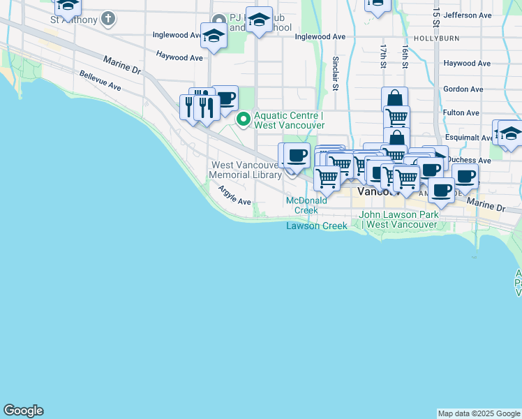 map of restaurants, bars, coffee shops, grocery stores, and more near 2090 Argyle Avenue in West Vancouver