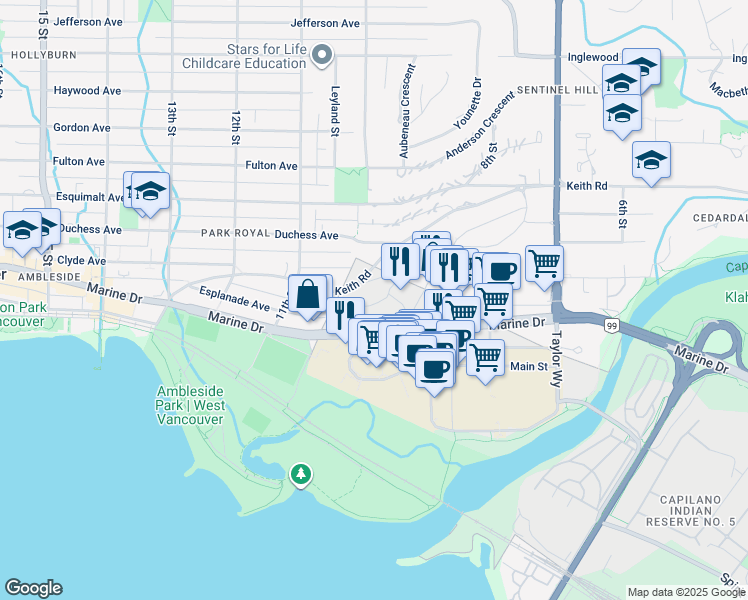 map of restaurants, bars, coffee shops, grocery stores, and more near 945 Marine Drive in West Vancouver