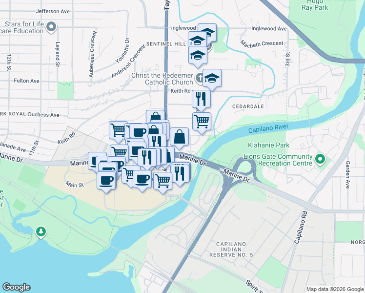 map of restaurants, bars, coffee shops, grocery stores, and more near 423 6th Street in West Vancouver