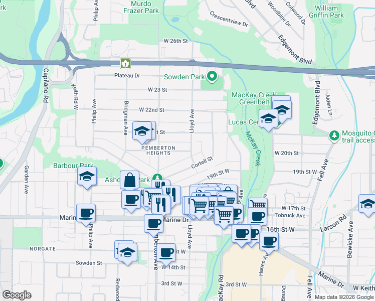 map of restaurants, bars, coffee shops, grocery stores, and more near 1116 West 20th Street in North Vancouver