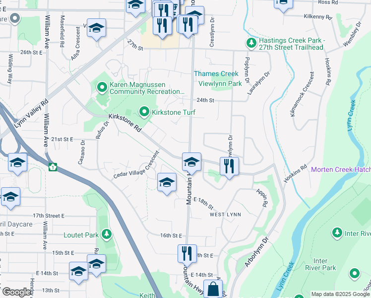 map of restaurants, bars, coffee shops, grocery stores, and more near 2045 Mountain Highway in North Vancouver