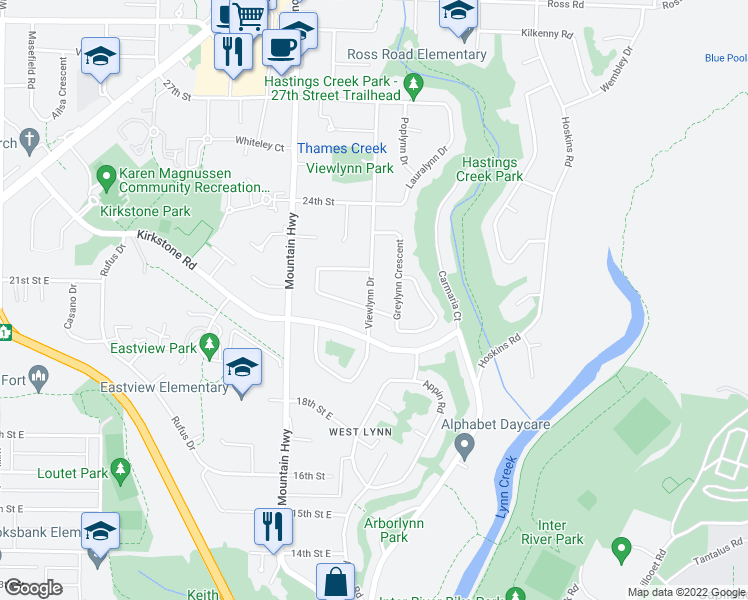 map of restaurants, bars, coffee shops, grocery stores, and more near 2094 Viewlynn Drive in North Vancouver