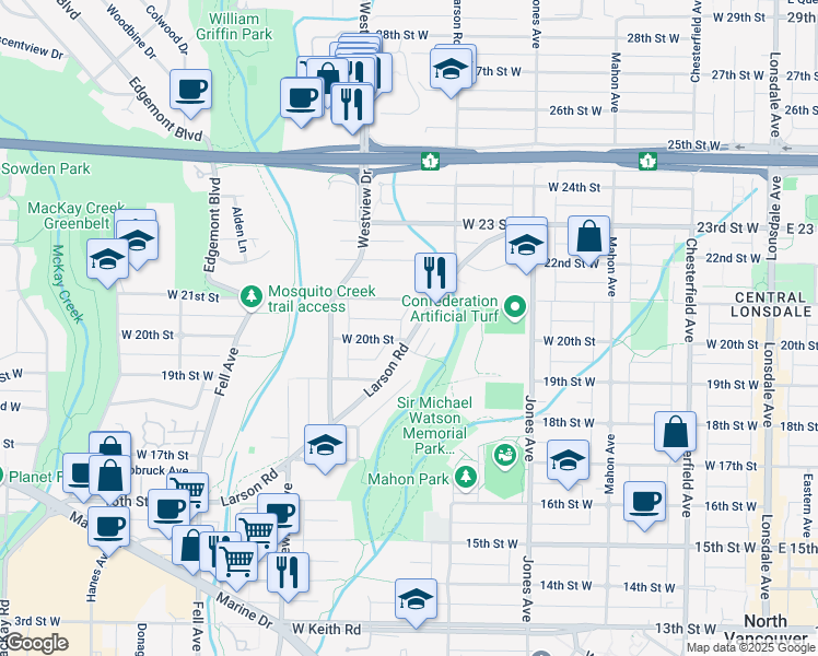map of restaurants, bars, coffee shops, grocery stores, and more near 2007 Larson Road in North Vancouver