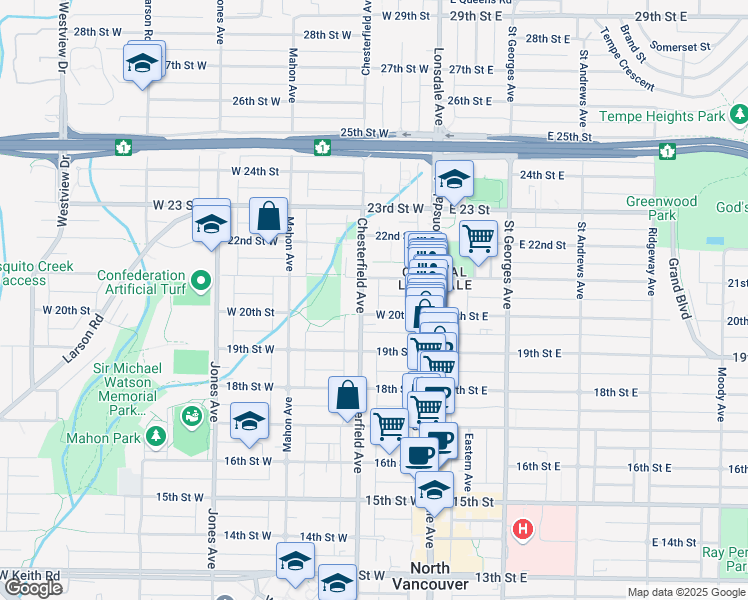 map of restaurants, bars, coffee shops, grocery stores, and more near 2024 Chesterfield Avenue in North Vancouver