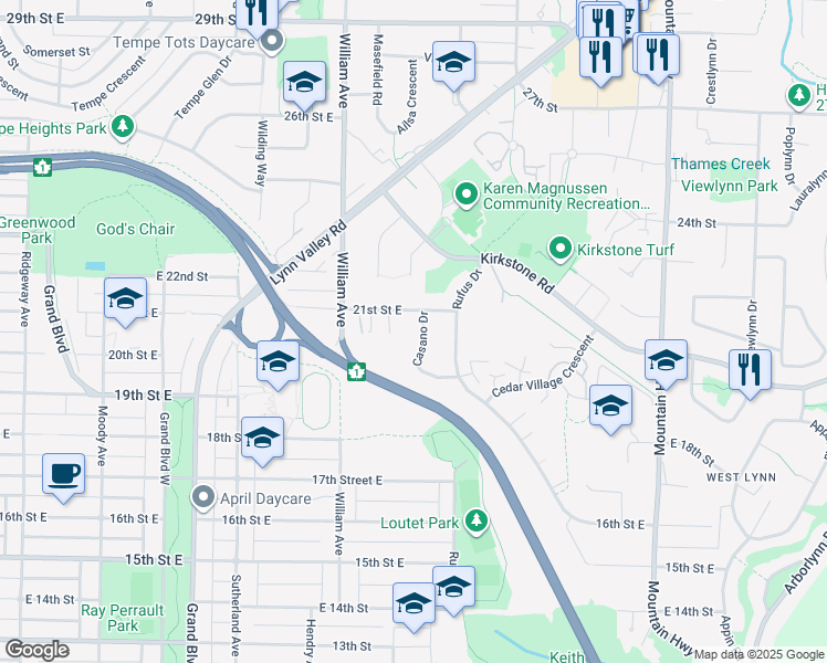map of restaurants, bars, coffee shops, grocery stores, and more near 2065 Casano Drive in North Vancouver