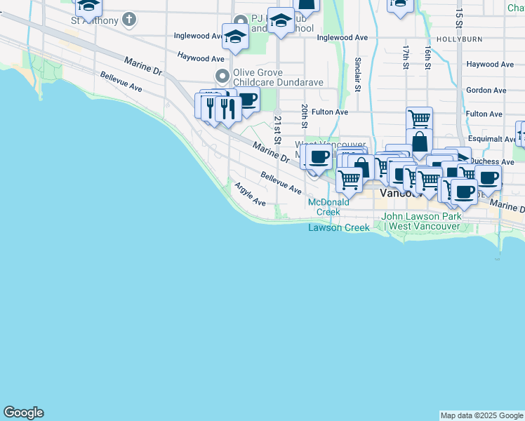 map of restaurants, bars, coffee shops, grocery stores, and more near 2120 Argyle Avenue in West Vancouver