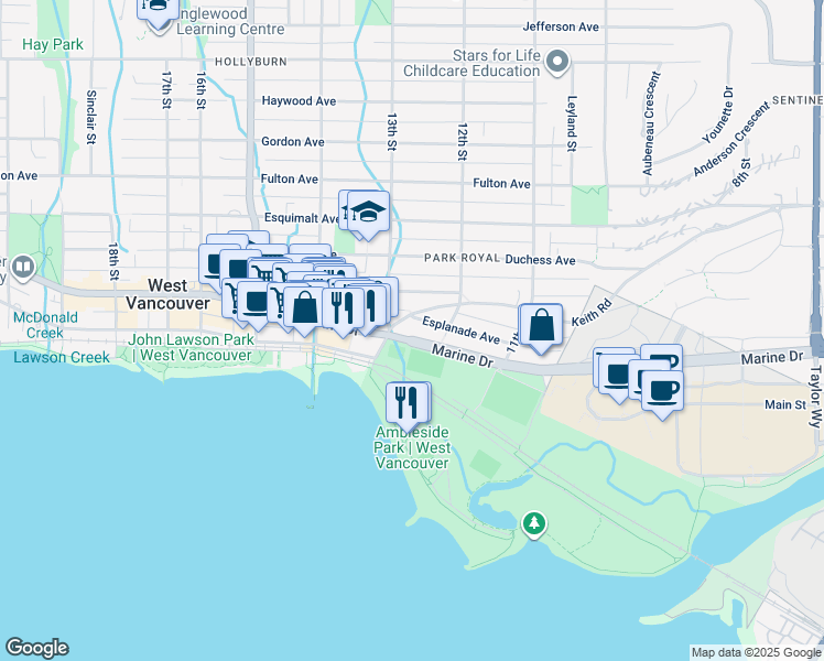 map of restaurants, bars, coffee shops, grocery stores, and more near in West Vancouver