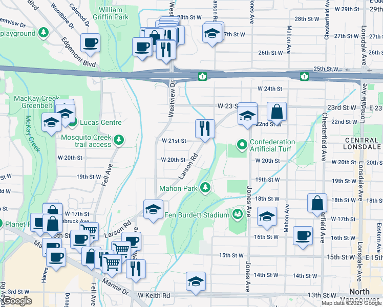 map of restaurants, bars, coffee shops, grocery stores, and more near 2007 Larson Road in North Vancouver