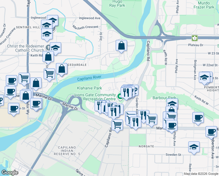 map of restaurants, bars, coffee shops, grocery stores, and more near 1982 Belle Isle Place in North Vancouver