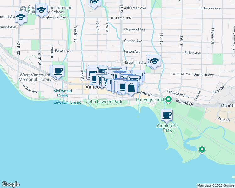 map of restaurants, bars, coffee shops, grocery stores, and more near 1525 Bellevue Avenue in West Vancouver